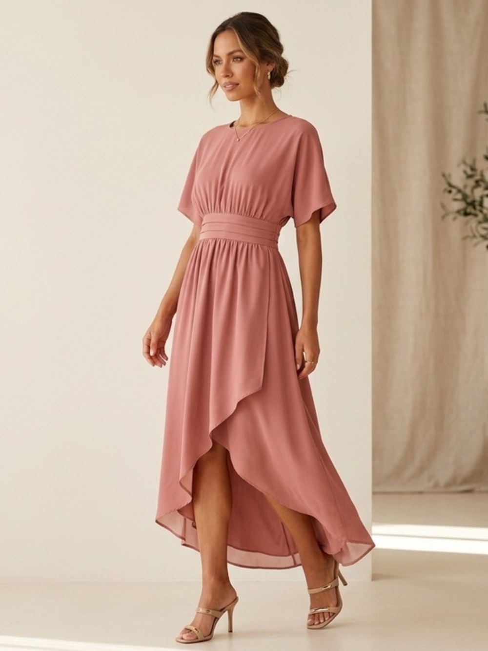 Polagram Dusty Pink Dolman Sleeve Drape Front Midi Dress Size Small